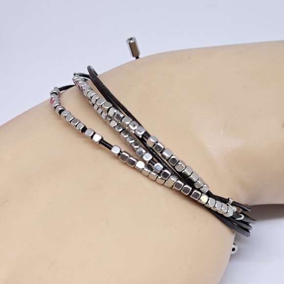 Fossil Brown Leather Multi Cord Silver Tone Beads Bracelet Boho - Picture 7 of 12